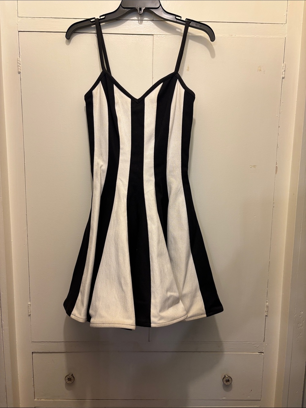 Black & White Vertical-Striped Mini Dress with V-Neck